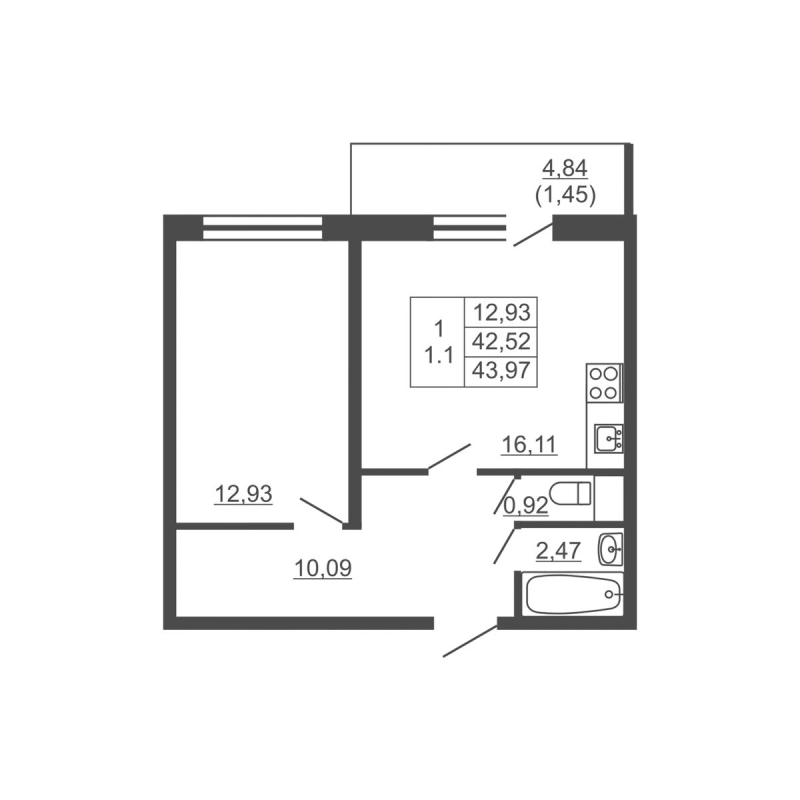 2-комнатная (Евро) квартира, 43.97 м² в ЖК "Тандем" - планировка, фото №1