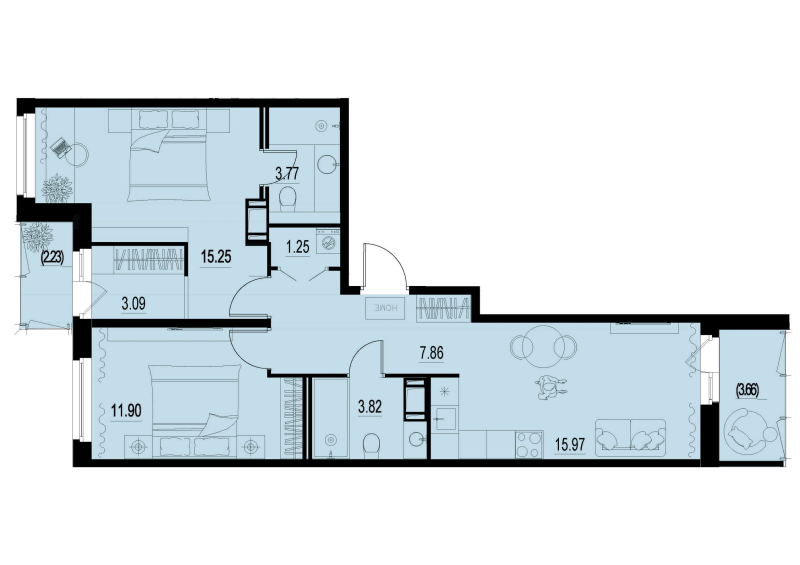 3-комнатная (Евро) квартира, 65.86 м² - планировка, фото №1