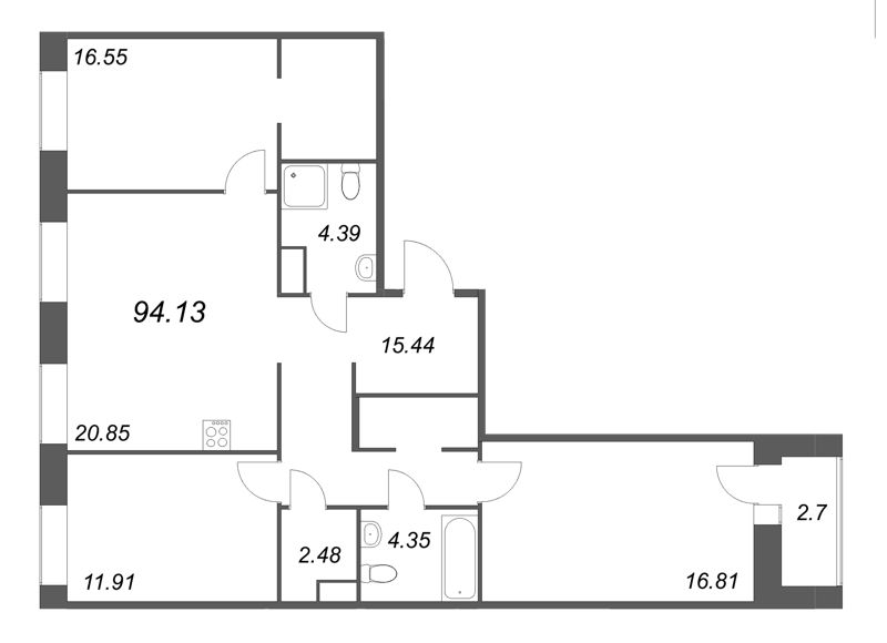 4-комнатная (Евро) квартира, 94.13 м² - планировка, фото №1