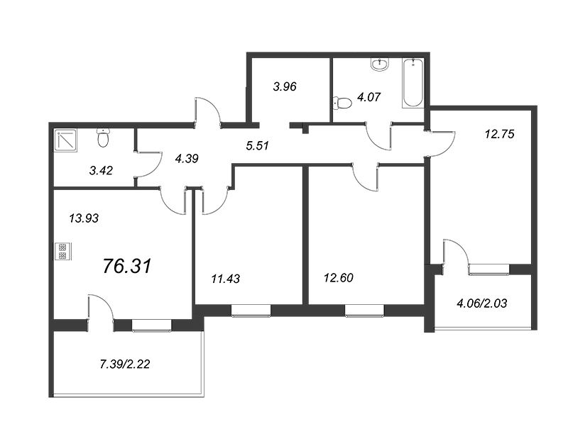 3-комнатная квартира, 72.06 м² в ЖК "Юттери" - планировка, фото №1