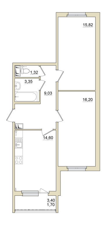 2-комнатная квартира, 62.02 м² - планировка, фото №1
