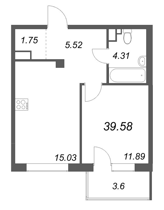 2-комнатная (Евро) квартира, 39.58 м² - планировка, фото №1