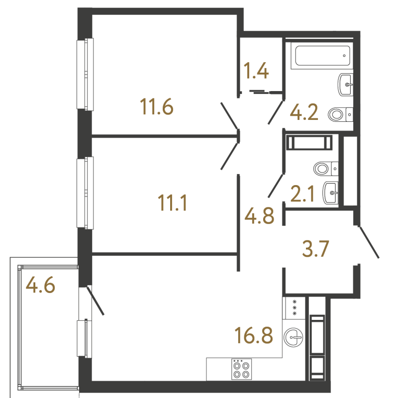 3-комнатная (Евро) квартира, 55.7 м² в ЖК "Передвижники" - планировка, фото №1