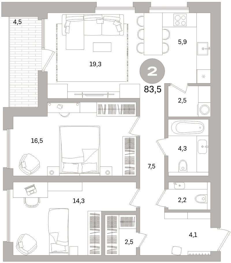 3-комнатная (Евро) квартира, 83.5 м² в ЖК "Северный ветер" - планировка, фото №1