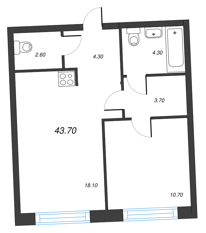 2-комнатная (Евро) квартира, 43.7 м² в ЖК "Цвет Зеленогорска" - планировка, фото №1