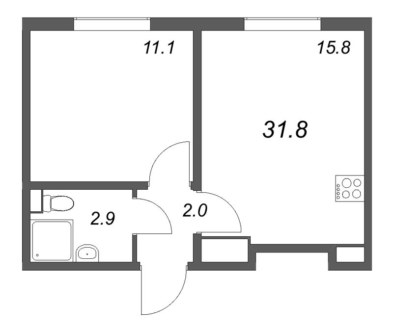 2-комнатная (Евро) квартира, 30.7 м² в ЖК "ЛСР. Ржевский парк" - планировка, фото №1