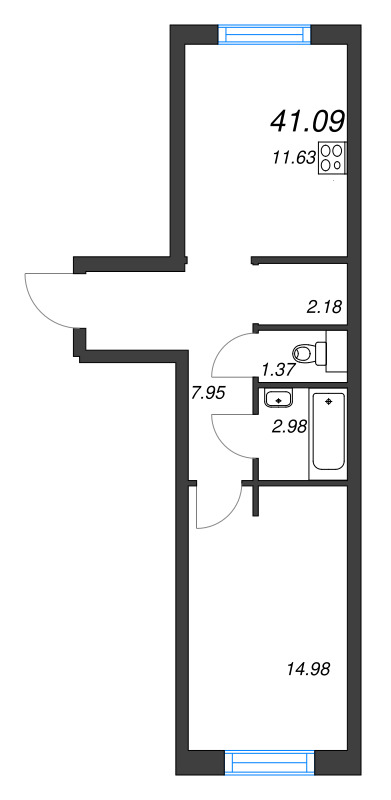 1-комнатная квартира, 41.09 м² - планировка, фото №1