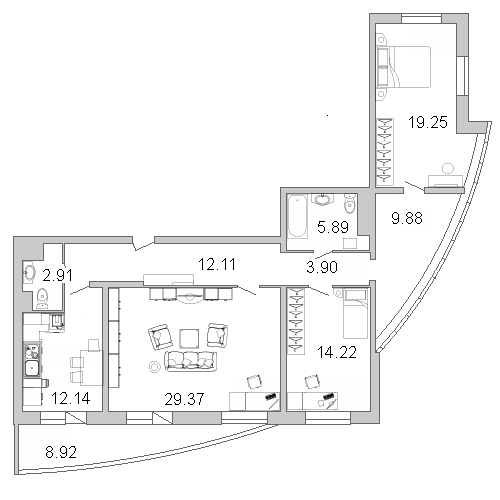 3-комнатная квартира, 113.8 м² - планировка, фото №1