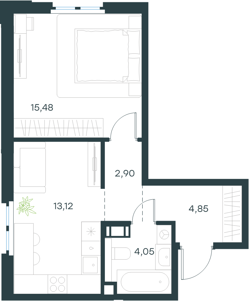 1-комнатная квартира, 40.4 м² в ЖК "Левел Мечникова" - планировка, фото №1