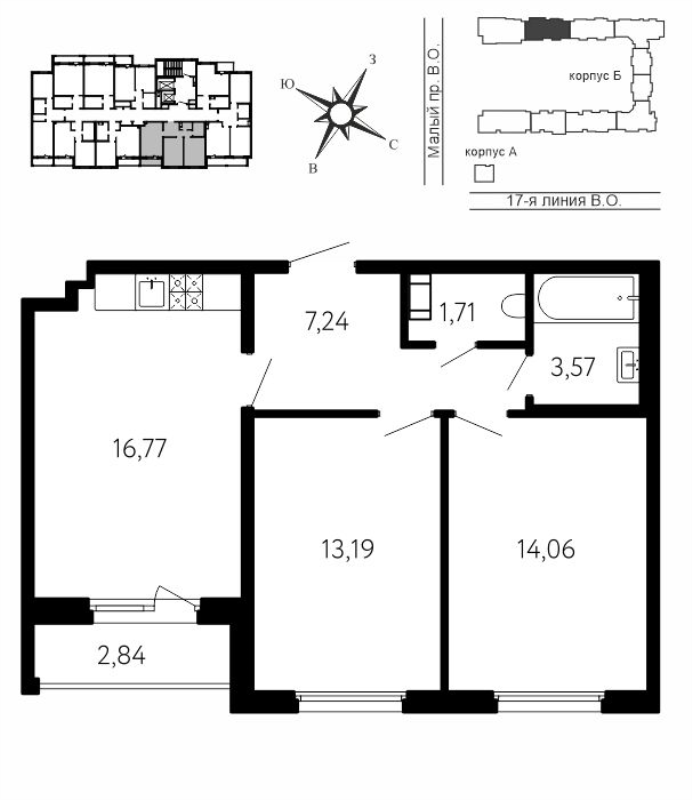 3-комнатная (Евро) квартира, 57.96 м² в ЖК "17-я линия" - планировка, фото №1