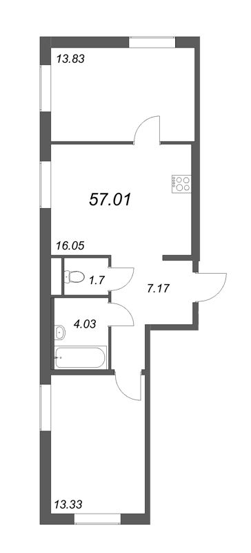 3-комнатная (Евро) квартира, 57.01 м² в ЖК "Новые горизонты" - планировка, фото №1