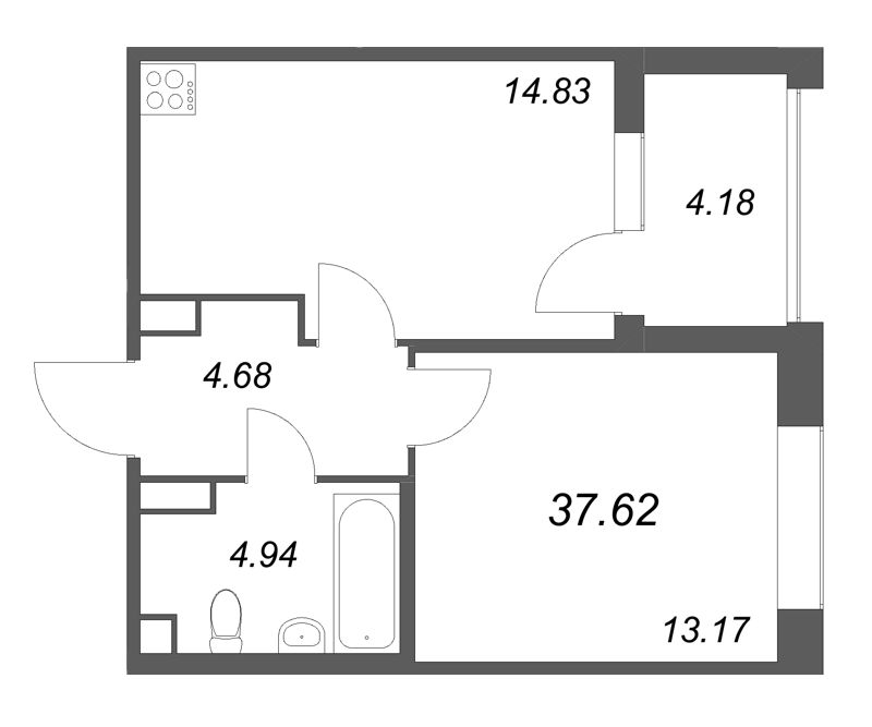 1-комнатная квартира, 37.62 м² в ЖК "Дом на Курской" - планировка, фото №1