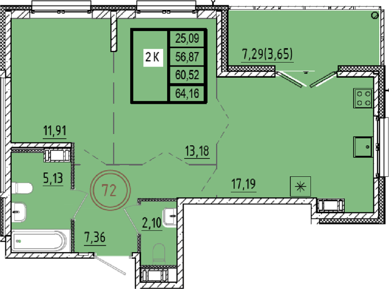 3-комнатная (Евро) квартира, 56.87 м² в ЖК "Образцовый квартал 9.1" - планировка, фото №1
