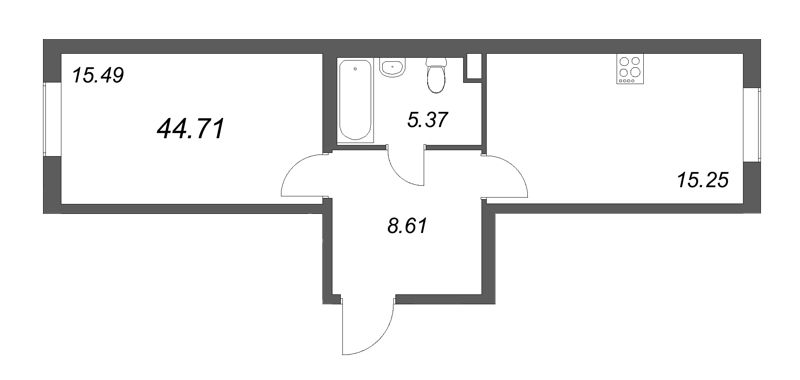 2-комнатная (Евро) квартира, 44.71 м² в ЖК "Новая история" - планировка, фото №1