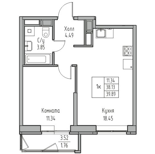 2-комнатная (Евро) квартира, 39.89 м² в ЖК "Юнтолово" - планировка, фото №1