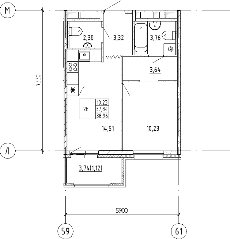 1-комнатная квартира, 38.96 м² - планировка, фото №1