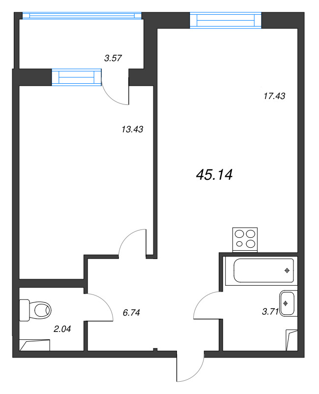 2-комнатная (Евро) квартира, 45.14 м² в ЖК "Энфилд" - планировка, фото №1
