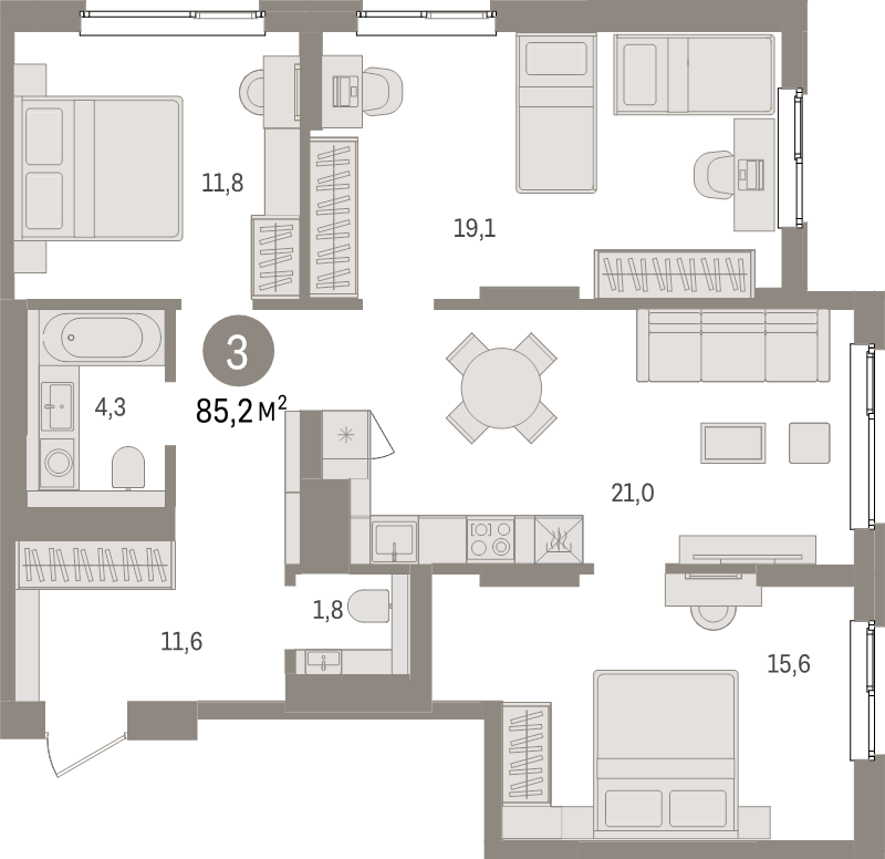 4-комнатная (Евро) квартира, 85.2 м² в ЖК "Брусника в Новоселье" - планировка, фото №1