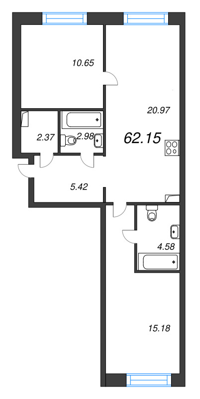 3-комнатная (Евро) квартира, 62.15 м² в ЖК "Остров Первых" - планировка, фото №1