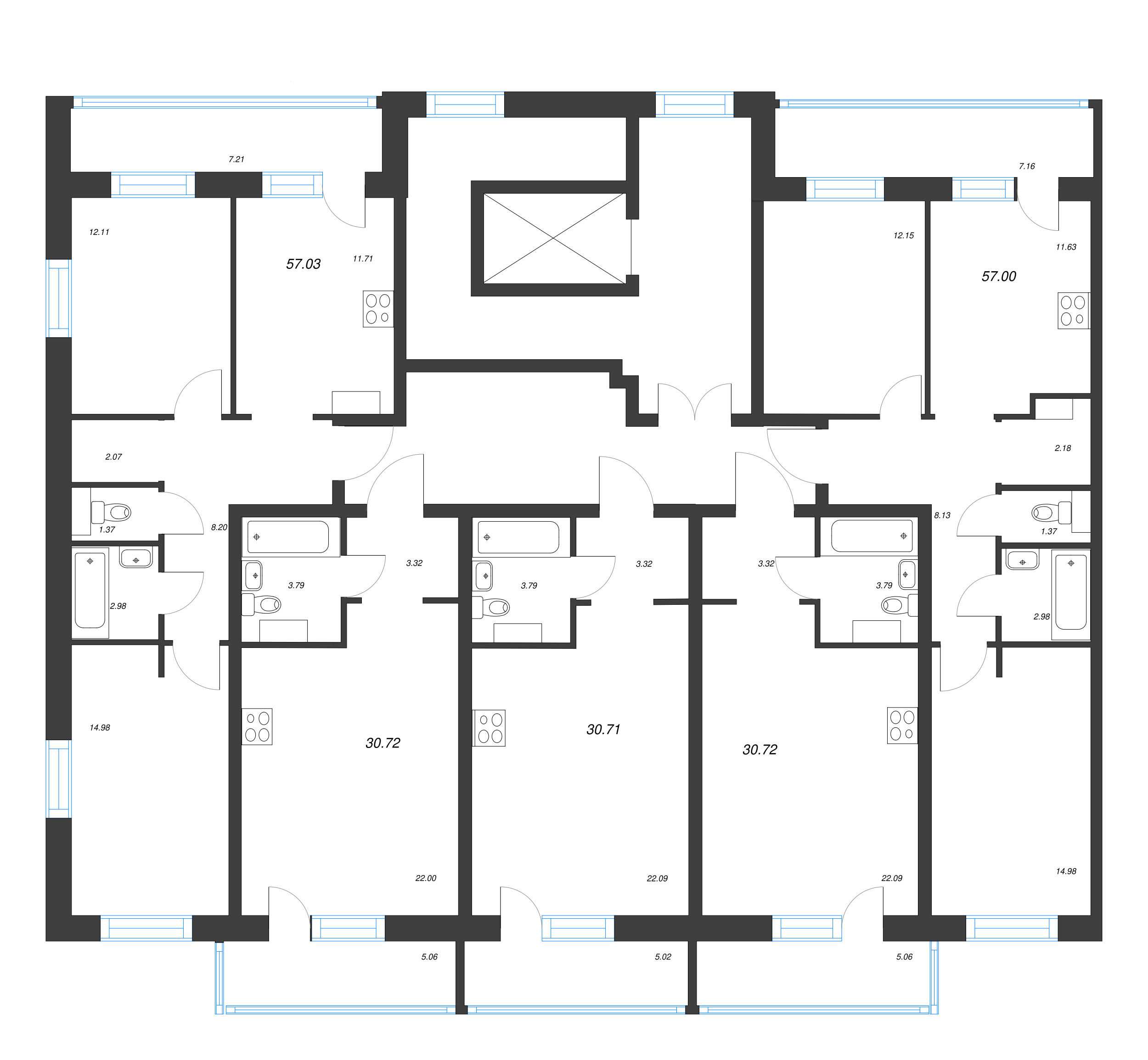2-комнатная квартира, 57.03 м² - планировка этажа