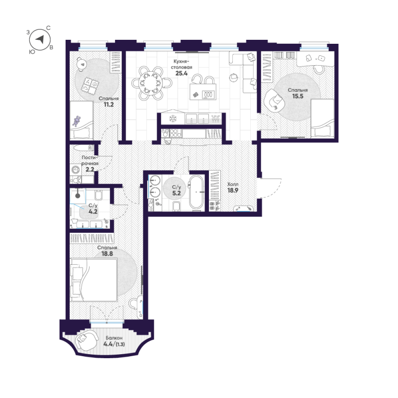 4-комнатная (Евро) квартира, 102.7 м² в ЖК "Mariinka Deluxe" - планировка, фото №1