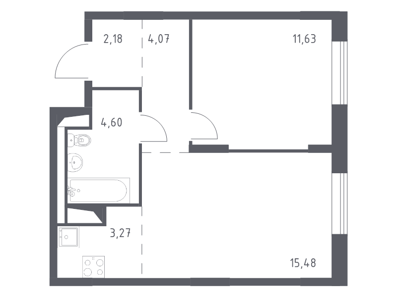 2-комнатная (Евро) квартира, 41.23 м² - планировка, фото №1