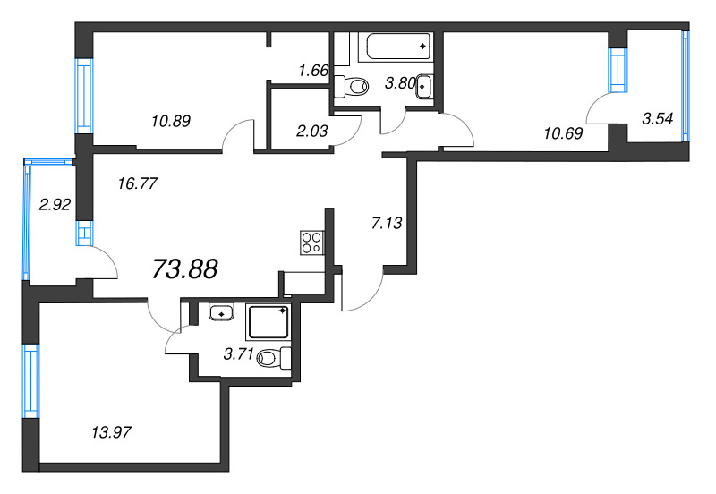 4-комнатная (Евро) квартира, 73.88 м² - планировка, фото №1