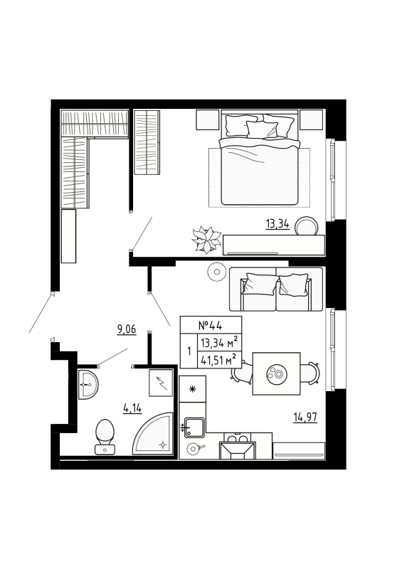 1-комнатная квартира, 41.8 м² - планировка, фото №1
