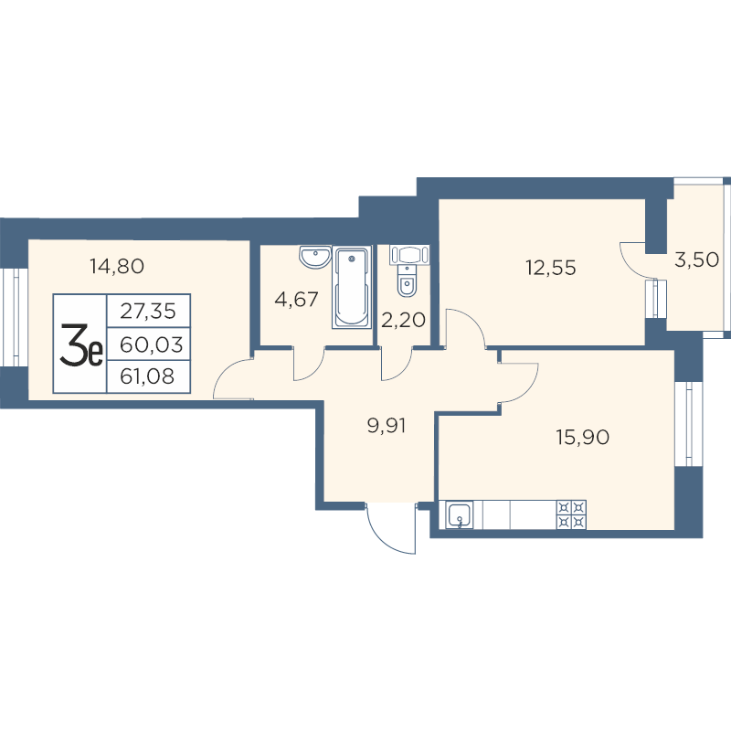 3-комнатная (Евро) квартира, 60.84 м² - планировка, фото №1