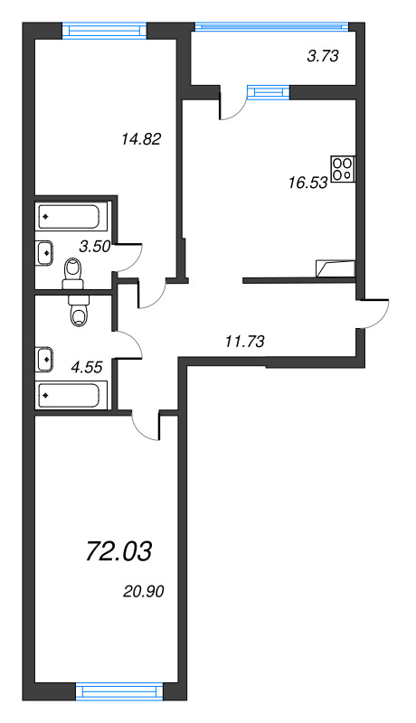 3-комнатная (Евро) квартира, 72.03 м² в ЖК "Чёрная речка" - планировка, фото №1