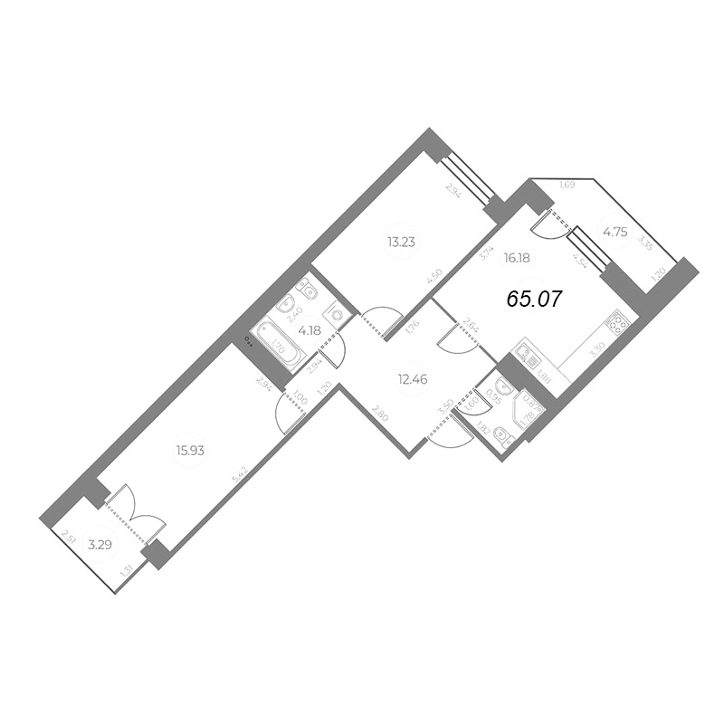 3-комнатная (Евро) квартира, 69.08 м² в ЖК "Огни Залива" - планировка, фото №1