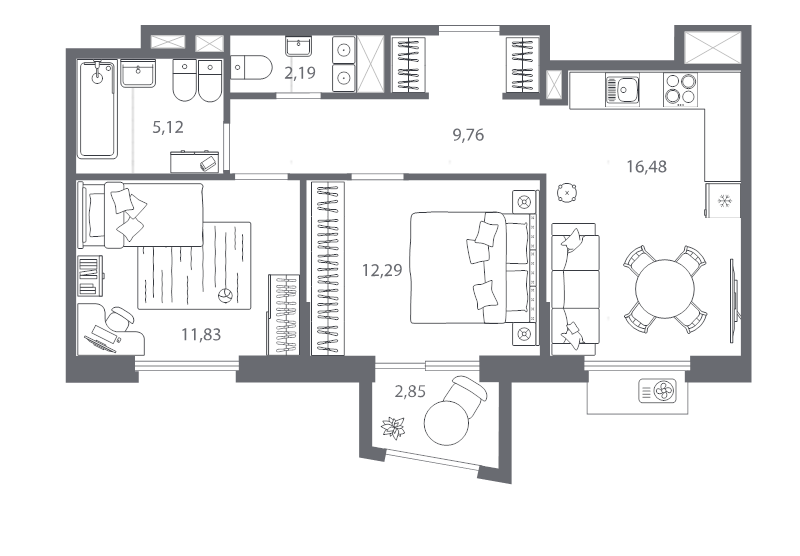 3-комнатная (Евро) квартира, 58.53 м² - планировка, фото №1