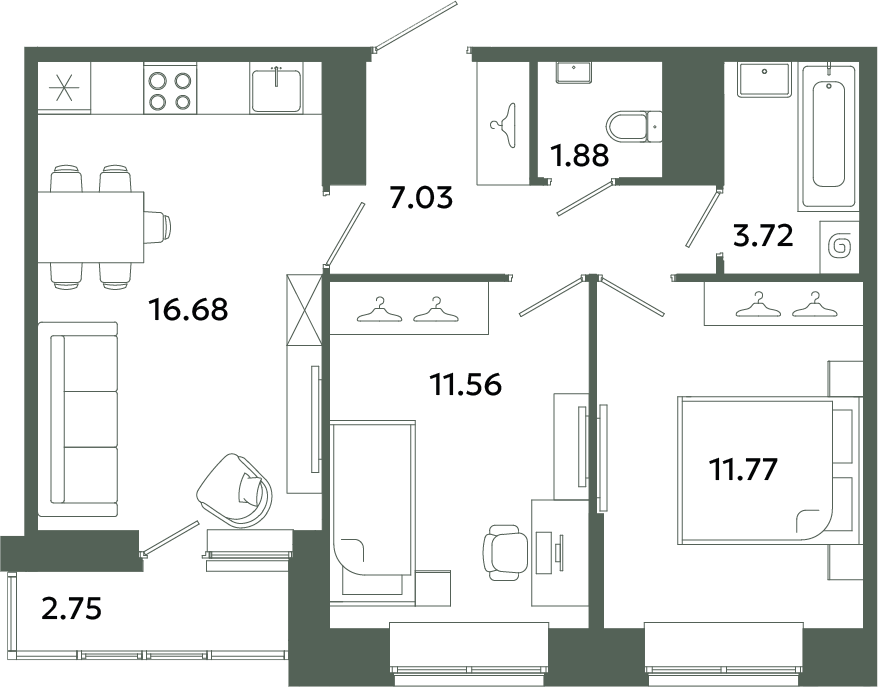 3-комнатная (Евро) квартира, 54.02 м² в ЖК "Загляденье" - планировка, фото №1