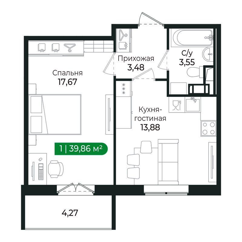 1-комнатная квартира, 38.2 м² в ЖК "Сертолово Парк" - планировка, фото №1