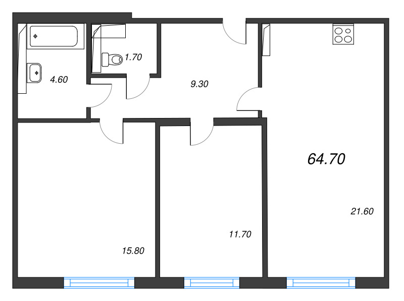 3-комнатная (Евро) квартира, 64.7 м² в ЖК "Руднева 15" - планировка, фото №1