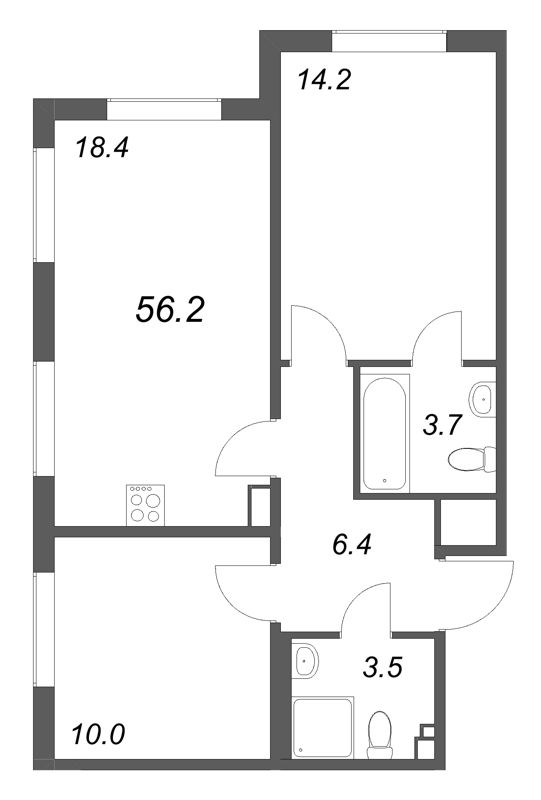 3-комнатная (Евро) квартира, 56.2 м² в ЖК "Пулково Lake" - планировка, фото №1