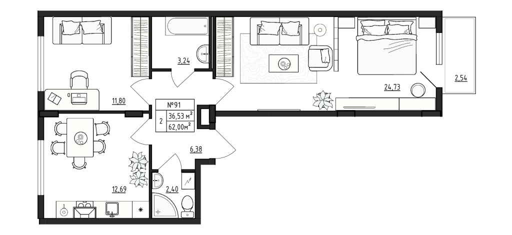 2-комнатная квартира, 62 м² в ЖК "Верево Сити" - планировка, фото №1