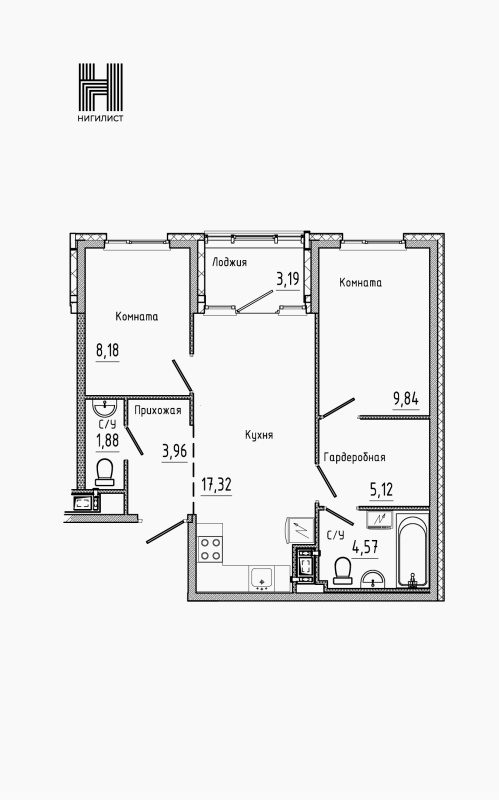 3-комнатная (Евро) квартира, 52.44 м² в ЖК "Nigilist" - планировка, фото №1