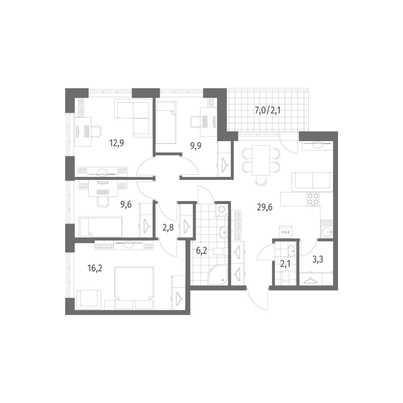 4-комнатная квартира, 94.7 м² - планировка, фото №1