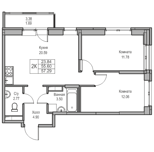 3-комнатная (Евро) квартира, 57.29 м² в ЖК "Юнтолово" - планировка, фото №1