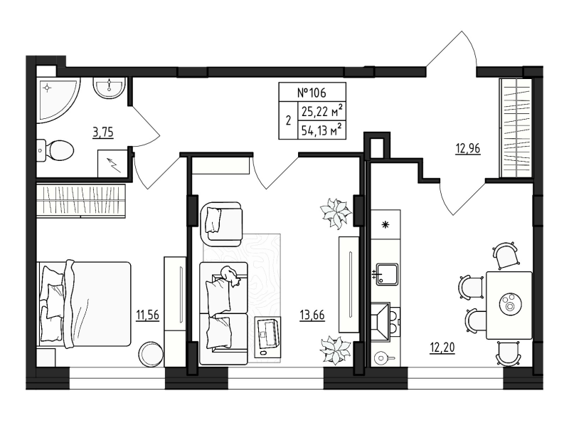 2-комнатная квартира, 54.13 м² - планировка, фото №1