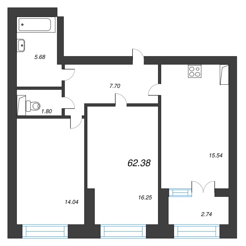 2-комнатная квартира, 62.38 м² - планировка, фото №1