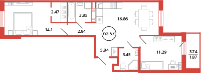 3-комнатная (Евро) квартира, 62.57 м² - планировка, фото №1