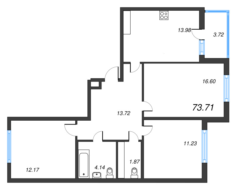 4-комнатная (Евро) квартира, 73.71 м² - планировка, фото №1