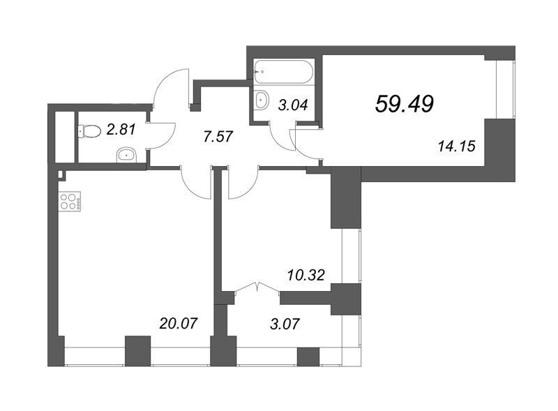 2-комнатная (Евро) квартира, 59.49 м² в ЖК "Морская набережная. SeaView" - планировка, фото №1