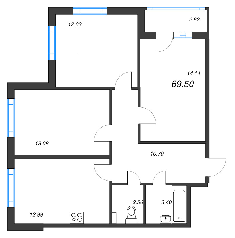 3-комнатная квартира, 69.5 м² - планировка, фото №1