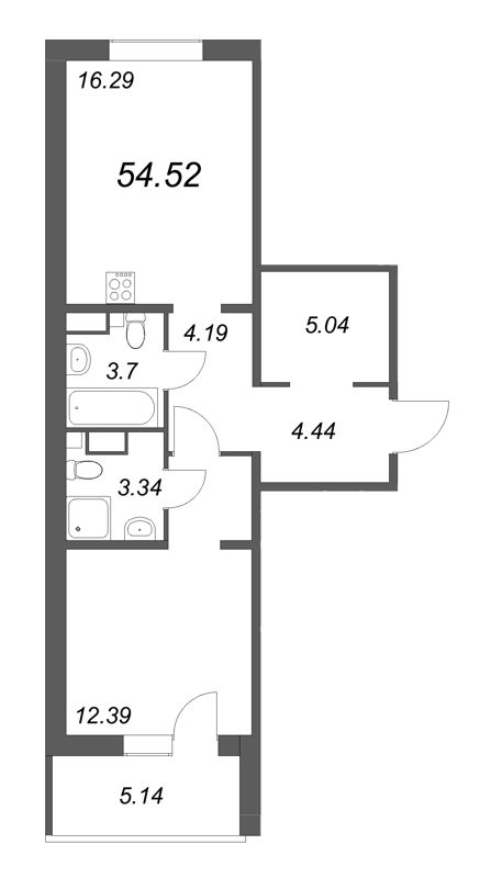 2-комнатная (Евро) квартира, 54.9 м² - планировка, фото №1