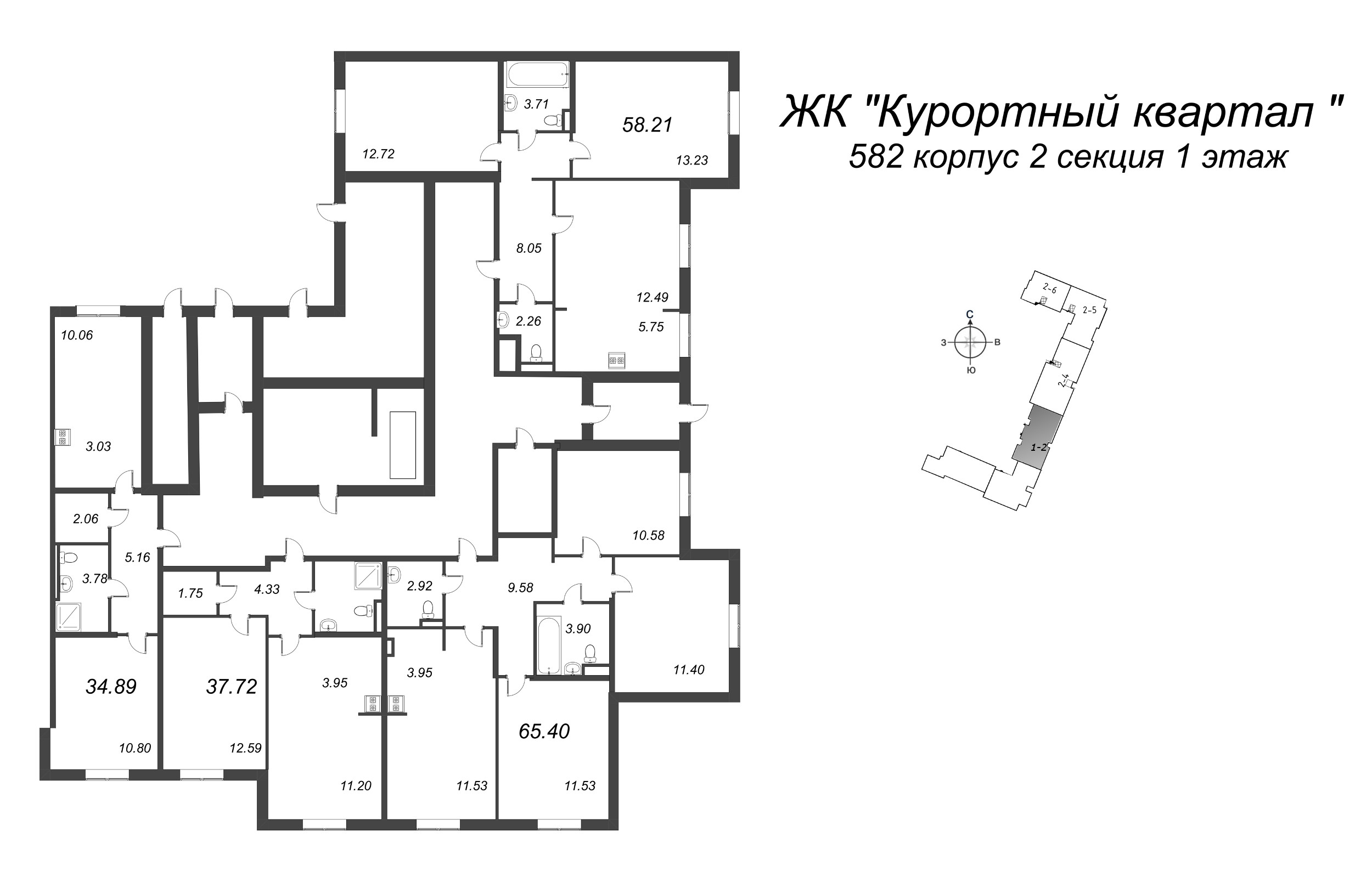 4-комнатная (Евро) квартира, 65.4 м² - планировка этажа
