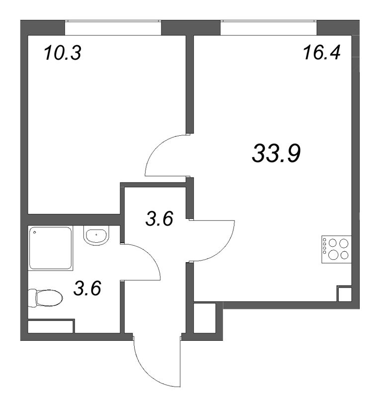 2-комнатная (Евро) квартира, 33.9 м² в ЖК "Пулково Lake" - планировка, фото №1
