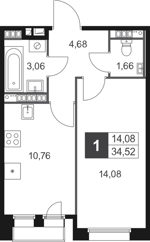 1-комнатная квартира, 34.52 м² в ЖК "Слобода" - планировка, фото №1